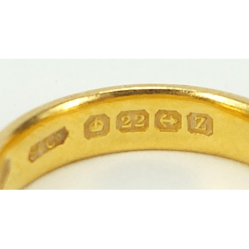 840 - Three George V 22ct gold wedding bands, Birmingham 1924 size I, Birmingham 1926 size K and Birmingha... 
