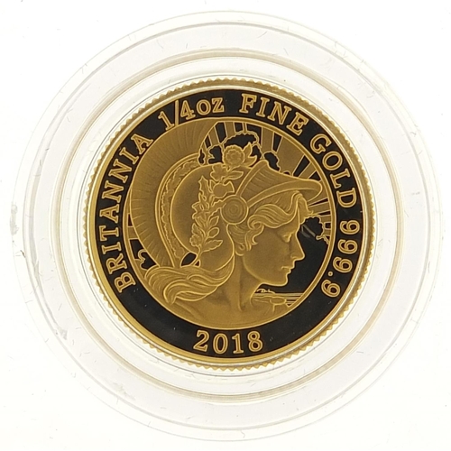 860 - Elizabeth II 2018 Britannia 1/4 ounce gold proof coin with case and certificate numbered 1018 - this... 