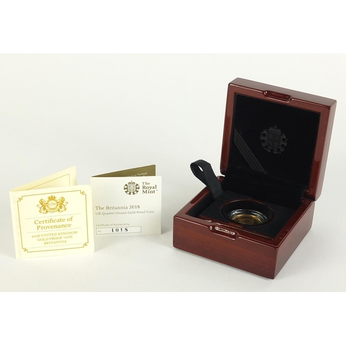 860 - Elizabeth II 2018 Britannia 1/4 ounce gold proof coin with case and certificate numbered 1018 - this... 