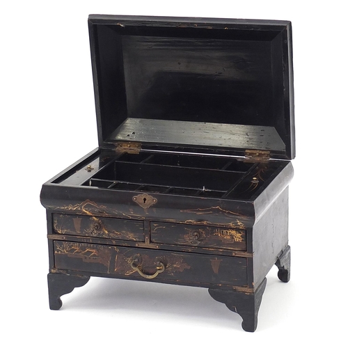 763 - Japanese black lacquered table casket with fittted interior hand painted with a landscape, 25cm H x ... 