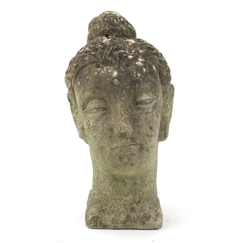 2588 - Garden stoneware bust of a Buddha's head, 41.5cm high