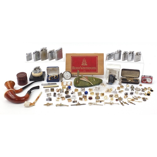 2074 - Objects including a Langdon Davies silver pocket watch, lighters, smoking pipes, cufflinks and Conco... 