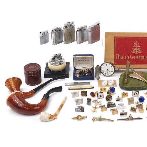 2074 - Objects including a Langdon Davies silver pocket watch, lighters, smoking pipes, cufflinks and Conco... 