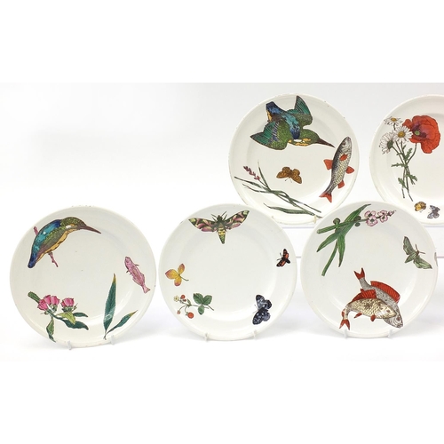 576 - Minton, seven Victorian Aesthetic dessert plates decorated with fish, insects and flowers, each 23cm... 