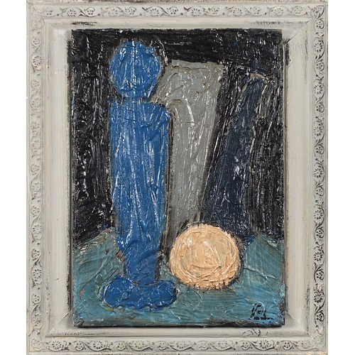 946 - Abstract composition, still life vessels, impasto oil on board, mounted and framed, 29.5cm x 21cm ex... 