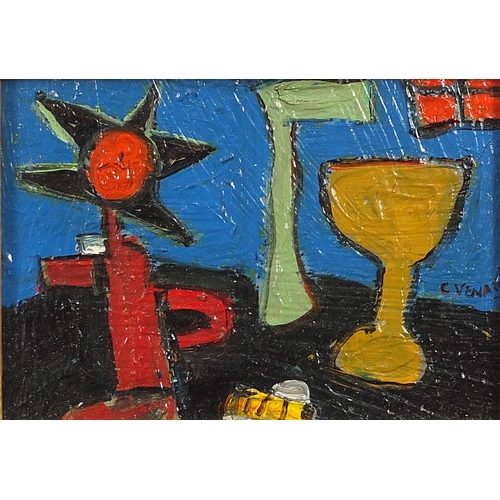 1942 - Abstract composition, still life vessels and flowers, French school oil on board, framed, 28cm x 19c... 