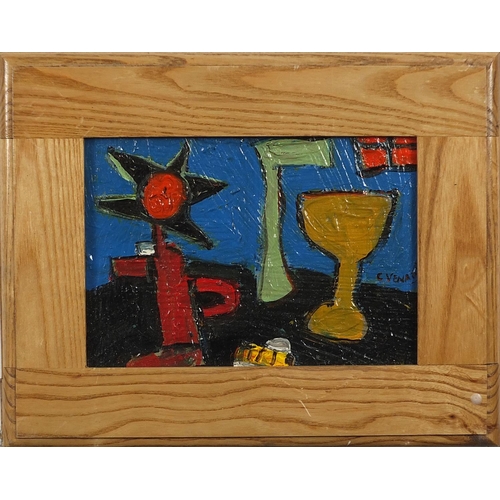 1942 - Abstract composition, still life vessels and flowers, French school oil on board, framed, 28cm x 19c... 