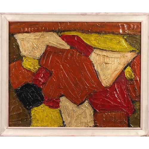 569 - Abstract composition, geometric shapes, Russian school impasto oil on board, mounted and framed, 49.... 