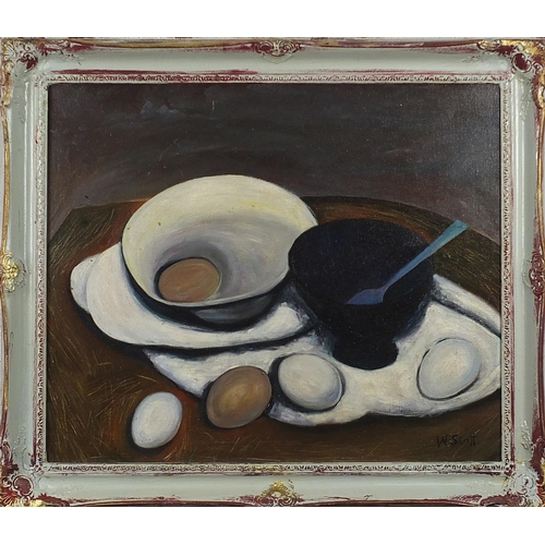 838 - Still life vessels and eggs, Modern British oil on board, mounted and framed, 59.5cm x 49.5cm exclud... 