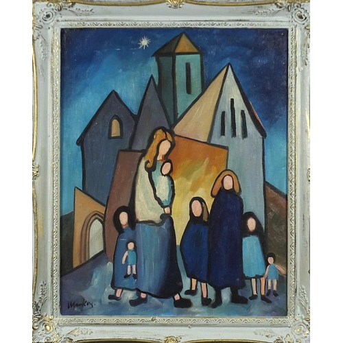 906 - Mother and children before a church, Irish school oil on board, mounted and framed, 49.5cm x 39.5cm ... 