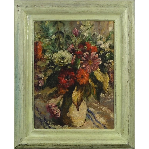 868 - Still life flowers in a vase, Modern British oil on board, mounted and framed, 39.5cm x 29.5cm exclu... 