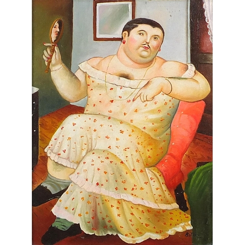 2045 - After Fernando Botero - Man wearing a dress, Italian school oil on board, mounted and framed, 39.5cm... 