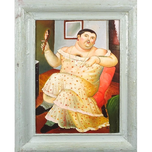 2045 - After Fernando Botero - Man wearing a dress, Italian school oil on board, mounted and framed, 39.5cm... 