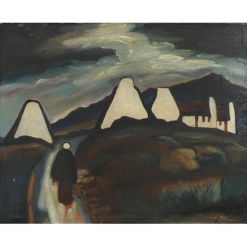 1907 - Figure walking along a path before cottages and mountains, Irish school oil on board, mounted and fr... 