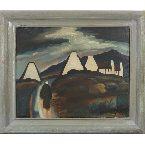 1907 - Figure walking along a path before cottages and mountains, Irish school oil on board, mounted and fr... 