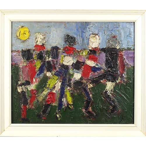 511 - Les Grands Footballeurs, Four footballers, French school impasto oil on canvas, details verso, mount... 