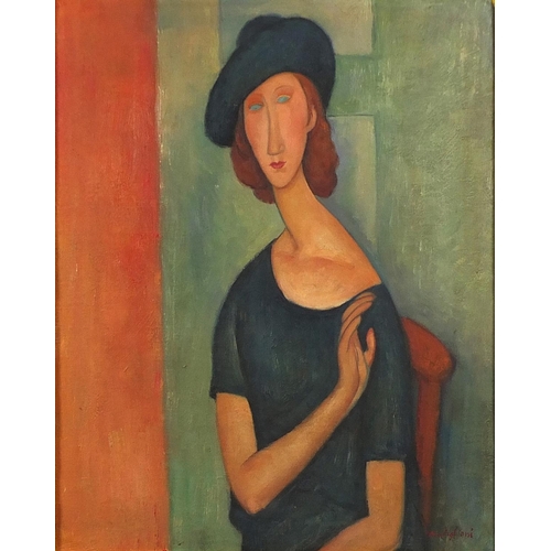 102 - After Amedeo Modigliani - Top half portrait of a female, Italian school oil on board, mounted and fr... 