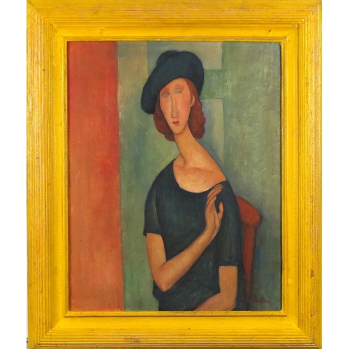 102 - After Amedeo Modigliani - Top half portrait of a female, Italian school oil on board, mounted and fr... 