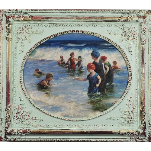 780 - Figures bathing in the sea, Impressionist oval oil on board, mounted and framed, 51cm x 41cm excludi... 