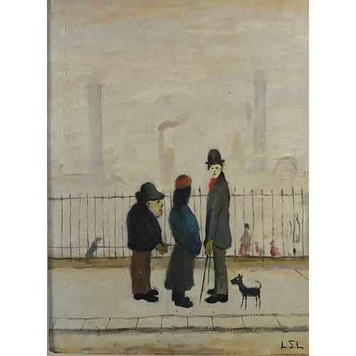 2065 - Figures in a street with a dog, Manchester school oil on board, mounted and framed, 40cm x 29.5cm ex... 