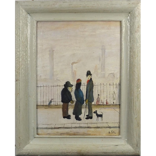 2065 - Figures in a street with a dog, Manchester school oil on board, mounted and framed, 40cm x 29.5cm ex... 