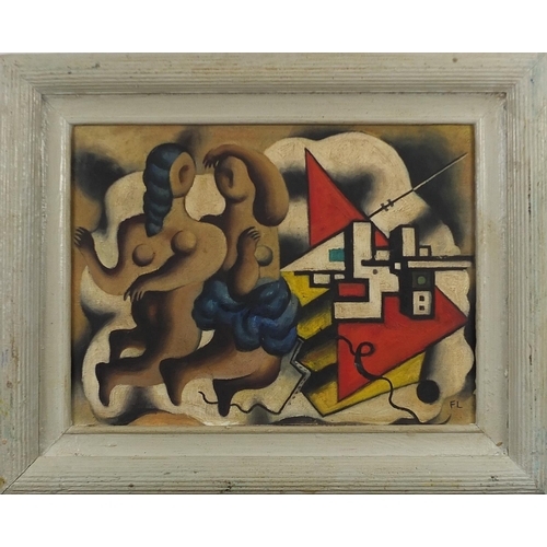 622 - Surreal composition with two nude females, French school oil on board, mounted and framed, 39.5cm x ... 