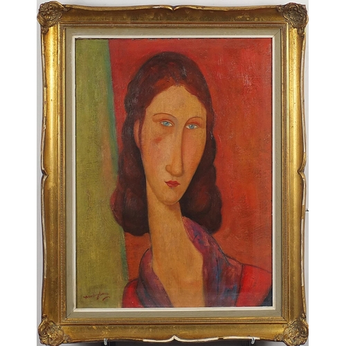 513 - After Amedeo Modigliani - Head and shoulders portrait of a lady, Italian school oil on canvas, mount... 