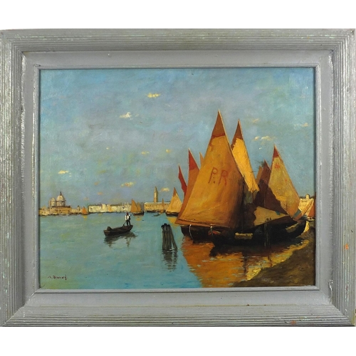 423 - Manner of Antoine Bouvard - Venetian scene with boats and gondolas, Italian school oil on board, mou... 