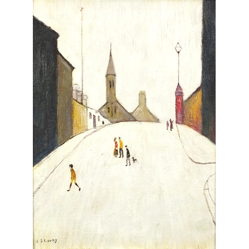 2068 - Figures on a hill before buildings and a church, Manchester school oil on board, mounted and framed,... 