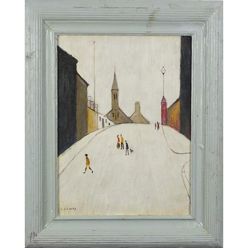 2068 - Figures on a hill before buildings and a church, Manchester school oil on board, mounted and framed,... 