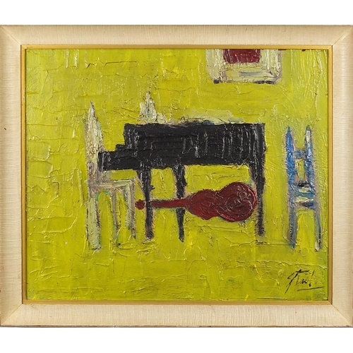 189 - Still life, piano and objects, Russian school impasto oil on board, mounted and framed, 60.5cm x 50c... 