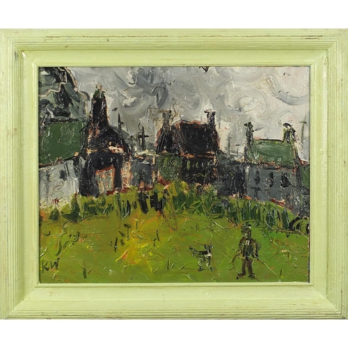 421 - Figure before buildings, Welsh school oil on board, mounted and framed, 49.5cm x 39.5cm excluding th... 