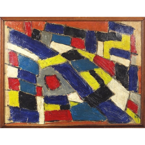 287 - Abstract composition, geometric shapes, Russian school oil, framed and glazed, 61cm x 46cm excluding... 