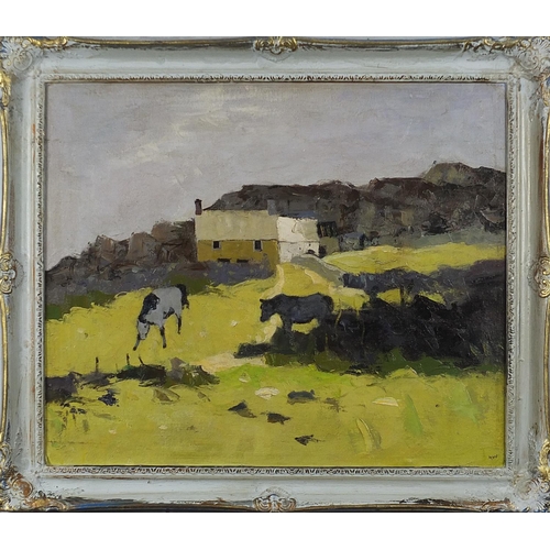 100 - Cows before a cottage and hills, Welsh school oil on board, framed, 59.5cm x 49.5cm excluding the fr... 