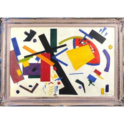 151 - After Wassily Kandinsky - Abstract composition, geometrics shapes, Russian school oil on board, moun... 