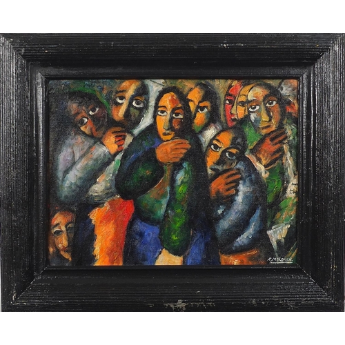 285 - Group of figures, Russian school oil on board, mounted and framed, 39.5cm x 29.5cm excluding the mou... 