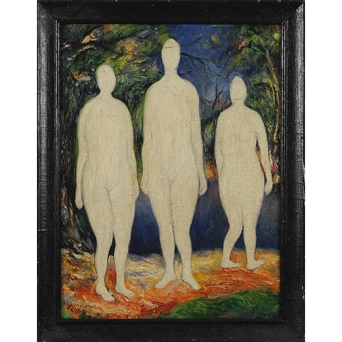 620 - Three nude figures in a landscape, Russian school oil on board, mounted and framed, 39.5cm x 29.5cm ... 