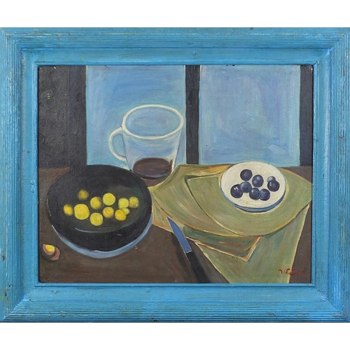 719 - Still life vessels and fruit, Modern British oil on board, mounted and framed, 50cm x 39.5cm excludi... 