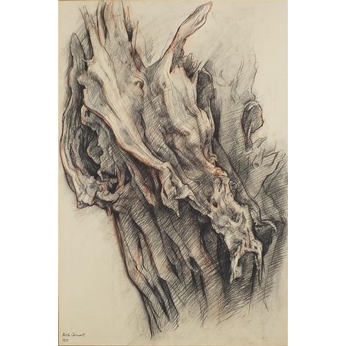 718 - Keith Clements 1972 - Trees, set of three crayon drawings, details verso, mounted, framed and glazed... 