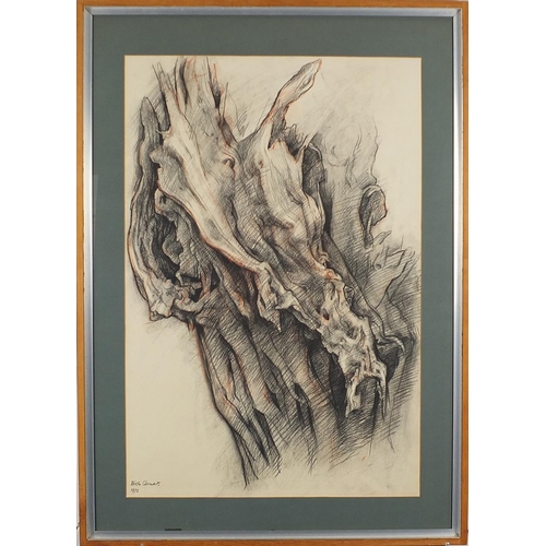 718 - Keith Clements 1972 - Trees, set of three crayon drawings, details verso, mounted, framed and glazed... 