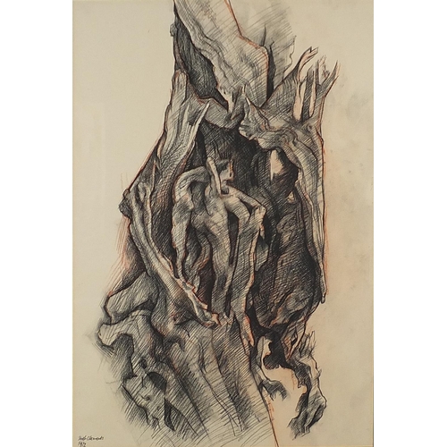 718 - Keith Clements 1972 - Trees, set of three crayon drawings, details verso, mounted, framed and glazed... 