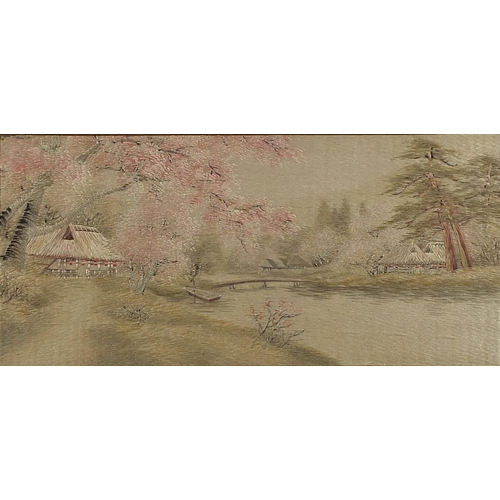 1736 - Houses beside a river with blossom trees, Chinese silk embroidery, mounted, framed and glazed, 35.5c... 