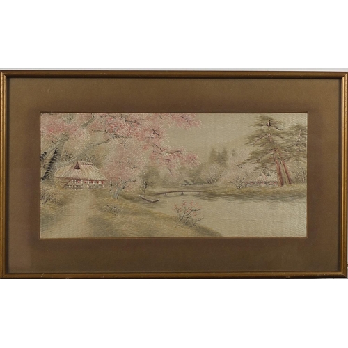 1736 - Houses beside a river with blossom trees, Chinese silk embroidery, mounted, framed and glazed, 35.5c... 