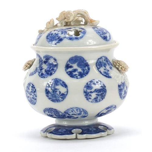 157 - Japanese Hirado porcelain koro with cover, hand painted with flowers, character marks to the base, 1... 