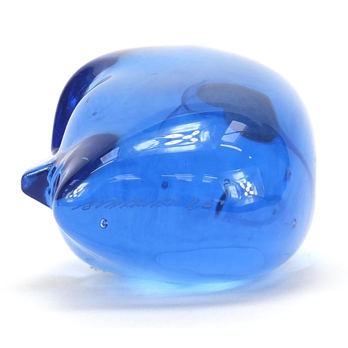 2038 - Blue glass face paperweight, possibly Scandinavian, indistinct signature to the base, 7.5cm high