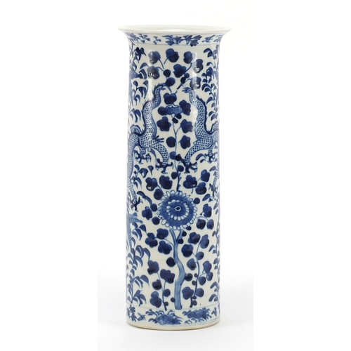 443 - Large Chinese blue and white porcelain cylindrical vase hand painted with two dragons amongst foliag... 