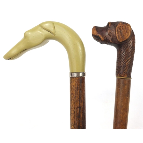 1939 - Two hardwood walking sticks with dog's head design handles including a carved wood example, the larg... 