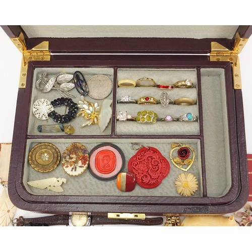 1973 - Antique and later costume jewellery and objects arranged in a jewellery box including rings, Chinese... 