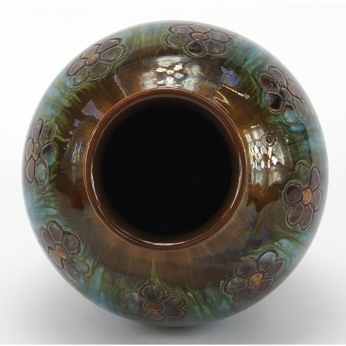 1 - Christopher Dresser for Linthorpe Pottery, Arts & Crafts vase having a mottled glaze incised with fl... 