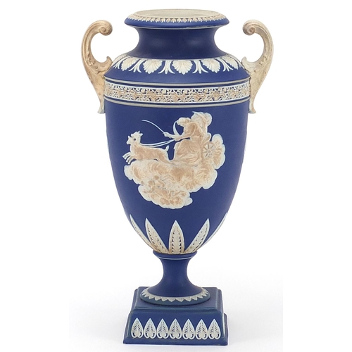 70 - Large Adam's Jasperware vase with twin handles decorated in relief with a figure in a horse drawn ch... 